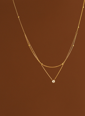 GGW 精美双链小钻钛钢项链 单钻小双层金珠锁骨链真空18K电镀短链