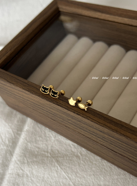 GGW 金色可爱小猫小鱼耳钉钛钢螺丝拧扣耳骨钉睡觉免摘黑猫耳环