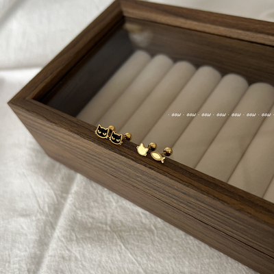 GGW 金色可爱小猫小鱼耳钉钛钢螺丝拧扣耳骨钉睡觉免摘黑猫耳环