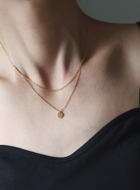 GGW 拉丝七边形双层钛钢项链简约几何锁骨链素雅镀18K金小巧短链