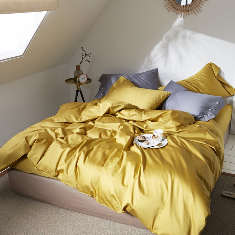 xs纯色60支长绒棉贡缎纯棉全棉四件套床品金黄色明黄杏黄柠檬姜