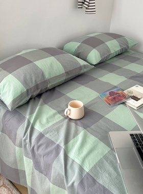 BO中格子床单单件全棉纯棉水洗棉纯色1.8床1.5绿色灰色宿舍1.2