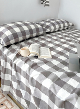 BO中格子床单单件全棉纯棉水洗棉纯色1.8床1.5浅灰色银行1.2宿舍