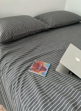 BO中格子床单单件全棉纯棉水洗棉纯色1.8床1.5深灰色条纹1.2宿舍