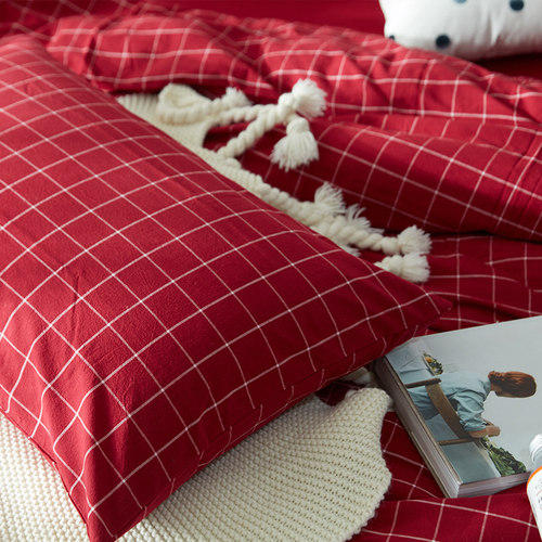 水洗棉全棉纯棉枕套深红格子