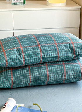 一对BO枕套格子6水洗棉全棉纯棉枕头套枕芯套单人48*74简约绿色