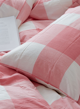 BO枕套一对 全棉纯棉水洗棉枕头套枕芯套单人48*74粉红色大格子