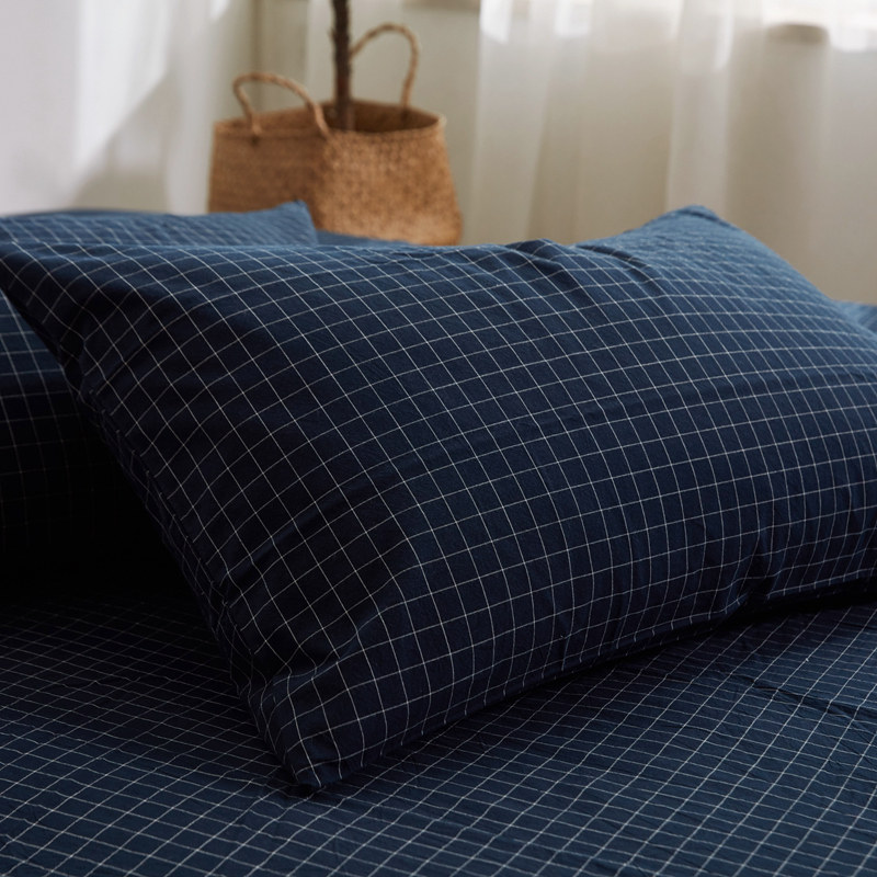 BO枕套一对 水洗棉全棉纯棉枕头套枕芯套48*74藏青藏蓝深蓝格子