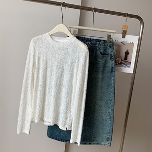 2026春秋甜美通勤打底圆领软糯蕾丝云感t恤潮人bi入款 女士