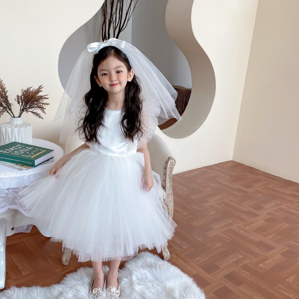 阿米网红花童露背婚纱白色连衣裙