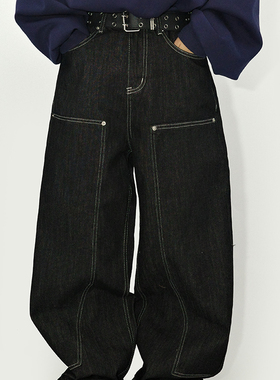 咕噜喔 日系复古阔腿原色直筒长裤子男女宽松明线黑色牛仔伐木裤