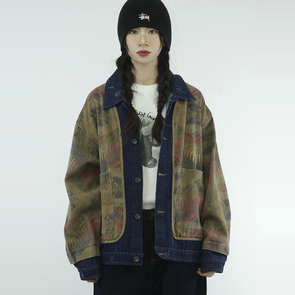 咕噜喔 2025美式复古宽松bf风日系拼接vintage民族风拼接牛仔外套