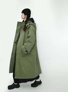 咕噜喔 宽松保暖男女款棉袄慵懒黑色大衣工装军绿色中长款棉服