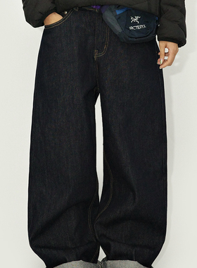 咕噜喔 秋冬日系复古男女基础款休闲长裤宽松深色阔腿直筒牛仔裤