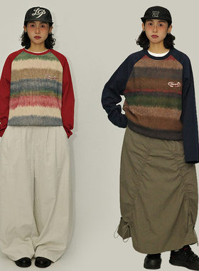 咕噜喔 秋季日系复古多巴胺穿搭上衣圆领套头彩色条纹插肩袖卫衣