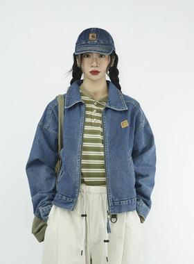 咕噜喔2025新款美式街头复古宽松bf风水洗蓝色底特律短款牛仔外套