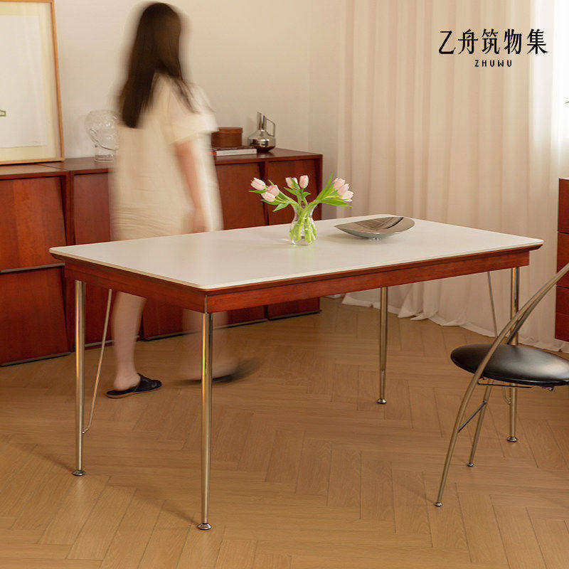 乙舟筑物|维普里长桌北欧复古实木岩板餐桌小户型长方形家用饭桌