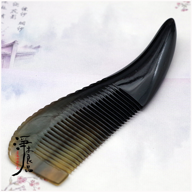 正品天然牛角黑花梳子长尖柄梳袋