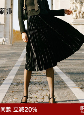 歌莉娅丝绒半身裙女秋冬新款高级感气质压褶黑色半截裙1C1R2B050