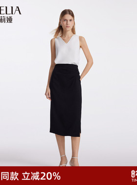 歌莉娅黑色半身裙女夏季时尚醋酸开叉收褶H版半截裙1C6L2B140