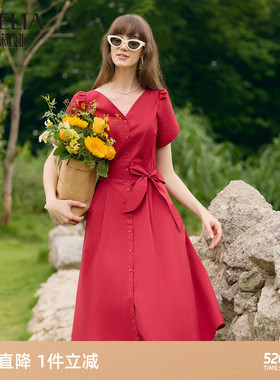 首降5折|歌莉娅红色连衣裙女夏季时尚花瓣袖绝美超好看短袖裙子