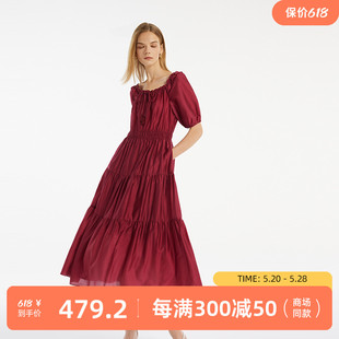 天丝荷叶边小红裙 新款 歌莉娅红色蛋糕连衣裙女2024夏季 现货速发