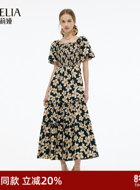 歌莉娅印花连衣裙女夏季出游穿搭2025新款漂亮方领长裙1E5R4K820