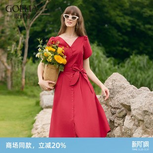 绝美超好看短袖 花瓣袖 裙子1C4R4K2NA 时尚 歌莉娅红色连衣裙女夏季