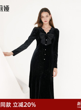 歌莉娅长袖连衣裙女时尚设计感气质蝴蝶结丝绒小黑裙子1B1R4H150