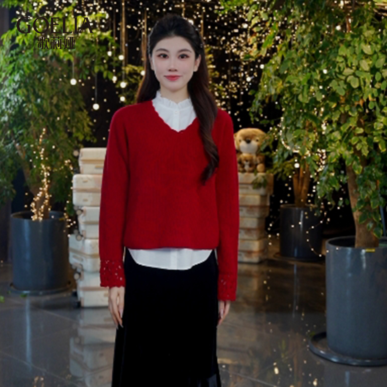 歌莉娅红色V领毛衣羊毛衫上衣女