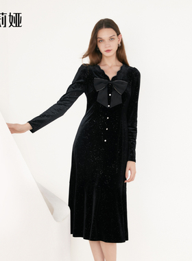 歌莉娅长袖连衣裙女时尚设计感气质蝴蝶结丝绒小黑裙子1B1R4H150