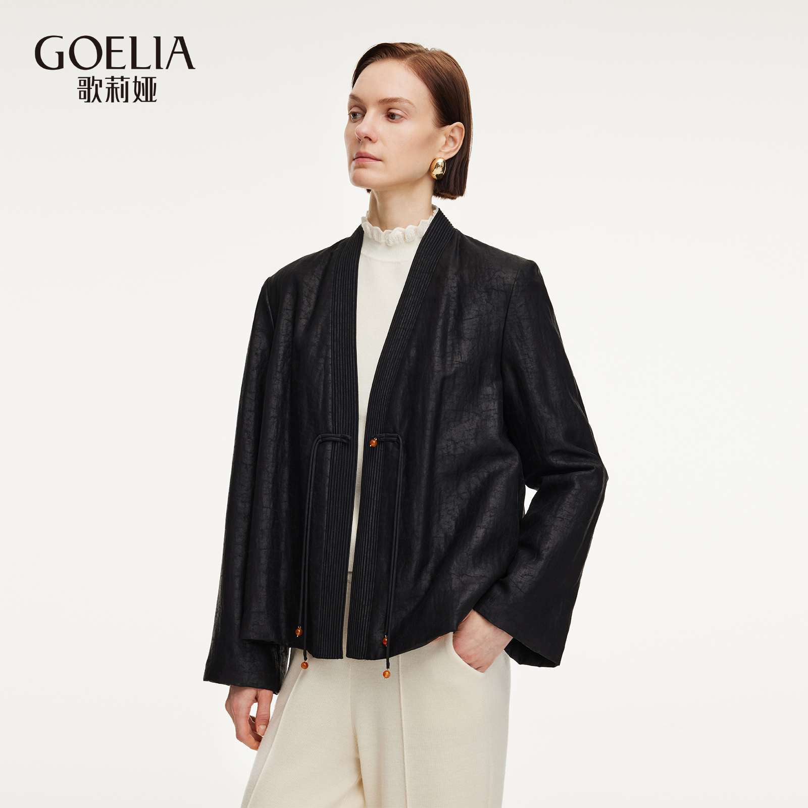 歌莉娅冬季香云纱桑蚕丝棉服外套