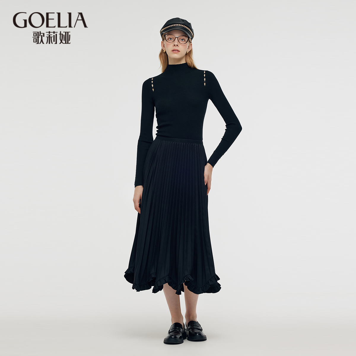 花瓣边半身裙歌莉娅气质压褶裙子