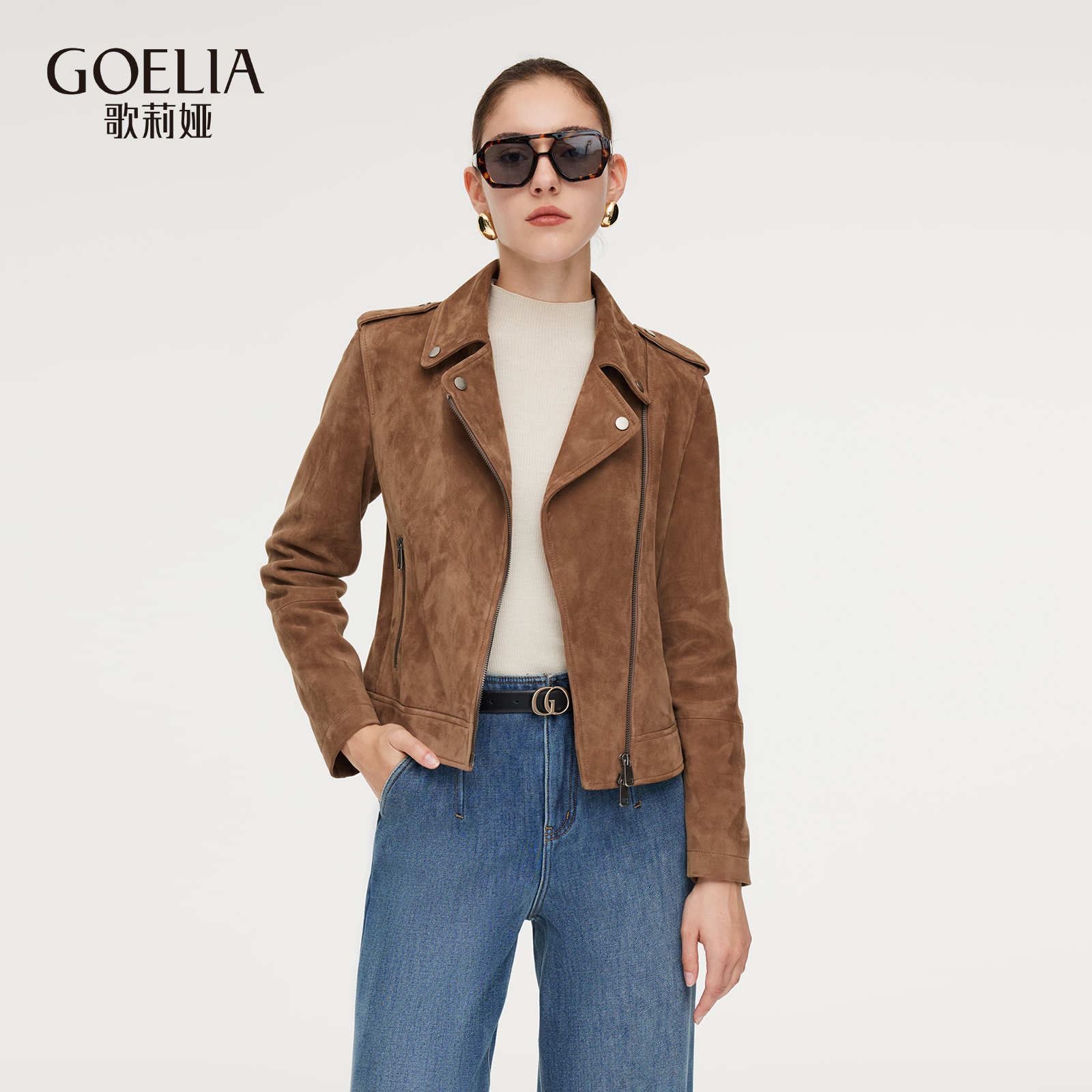 歌莉娅羊皮麂皮绒短款夹克外套女