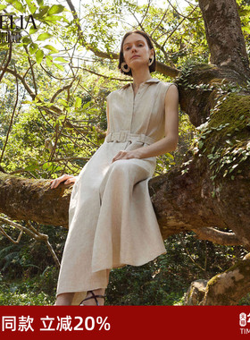歌莉娅全亚麻连衣裙女夏季穿搭2025新款衬衫领无袖裙子1E3L4K2N0