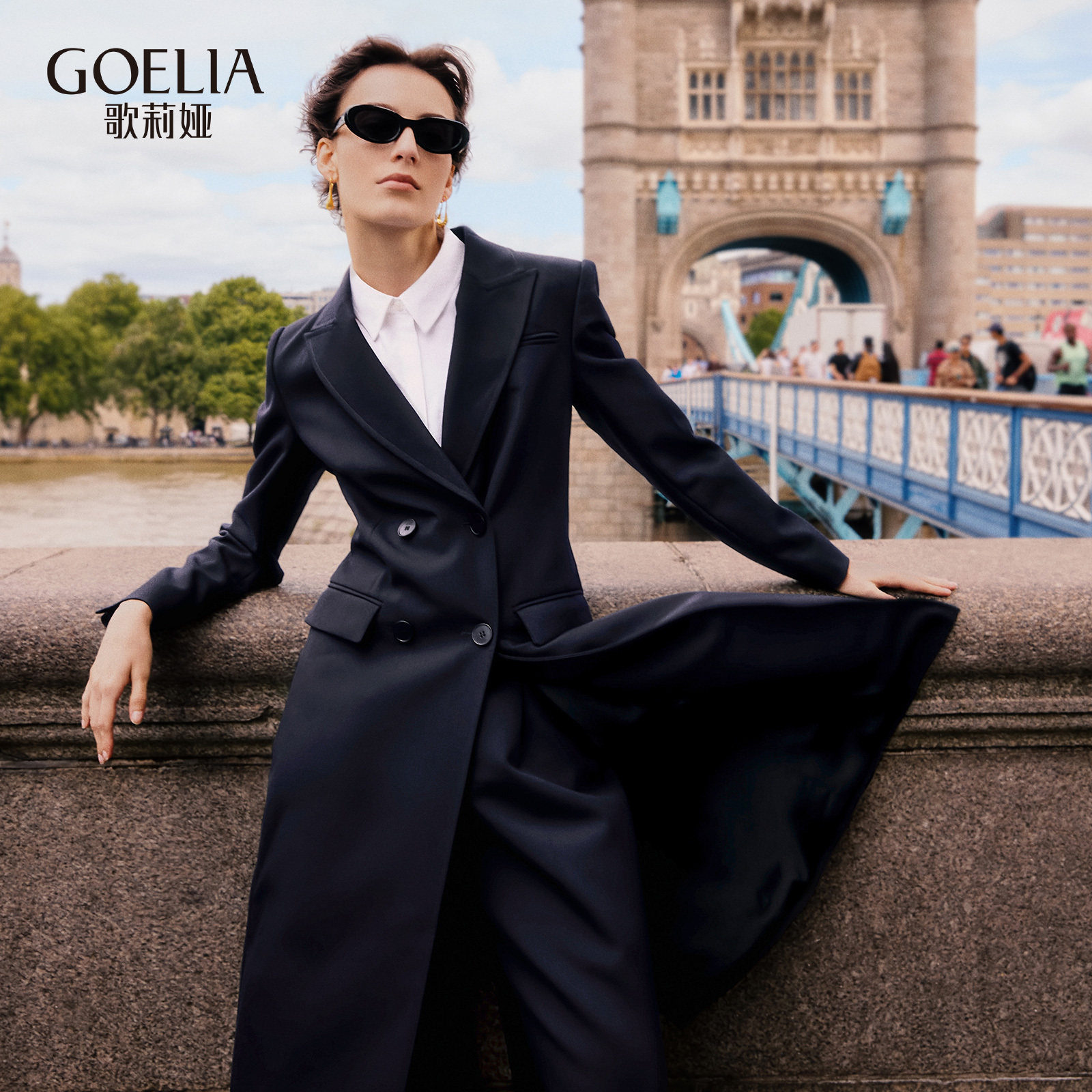 首降5折|歌莉娅黑色羊毛风衣女秋季穿搭高端中长款外套