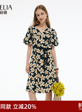 歌莉娅V领连衣裙女2025新款夏季出游穿搭泡泡袖碎花裙子1E5R4K2G0