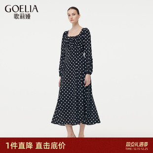 直降3折 桑蚕丝方领波点裙子 歌莉娅真丝连衣裙女士春季