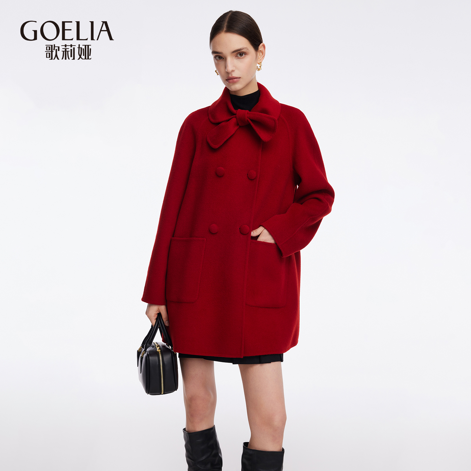 歌莉娅冬季天丝羊毛红色大衣外套