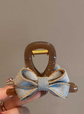 韩国ins新款牛仔布艺蝴蝶结透明发夹 时尚后脑勺抓夹鲨鱼夹发饰女
