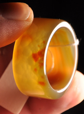 精品未优化天然红黄缠丝缟玛瑙扳指戒指3AMF1把玩 内径2.58cm男女