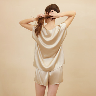 100%桑蚕丝夏季 套装 简约休闲丝绸家居服 短裤 重磅真丝睡衣女士短袖