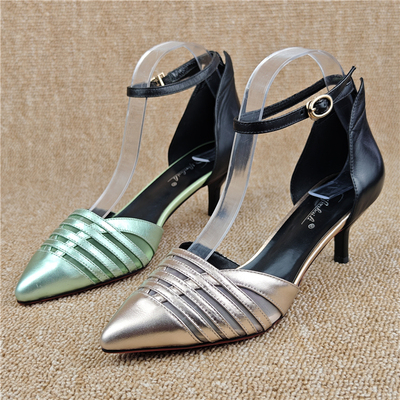 牛皮包头高跟一字带时装凉鞋