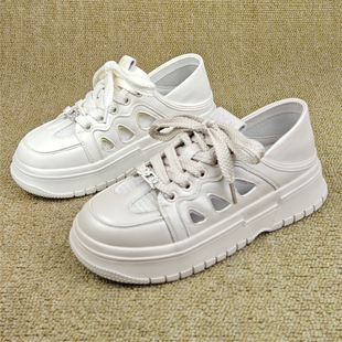 时尚百搭小白鞋轻便舒适厚底休闲鞋品牌断码处理女鞋镂空系带单鞋