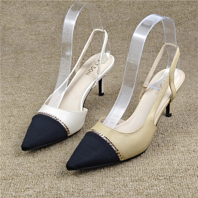 百田森羊皮尖头浅口高跟女凉鞋