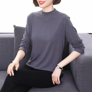 莫代尔半高领打底衫女薄款内搭大码胖mm中年妈妈春装长袖t恤上衣