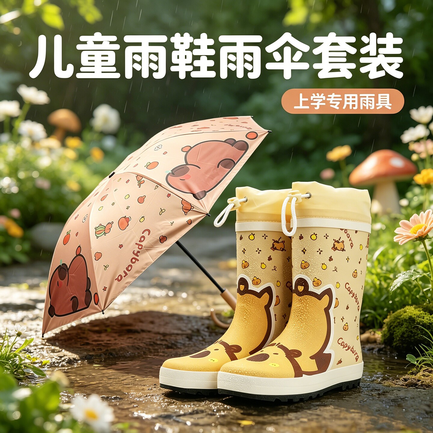 顺丰包邮儿童雨鞋雨伞套装卡皮巴拉雨靴防滑水靴小学生水鞋男女童