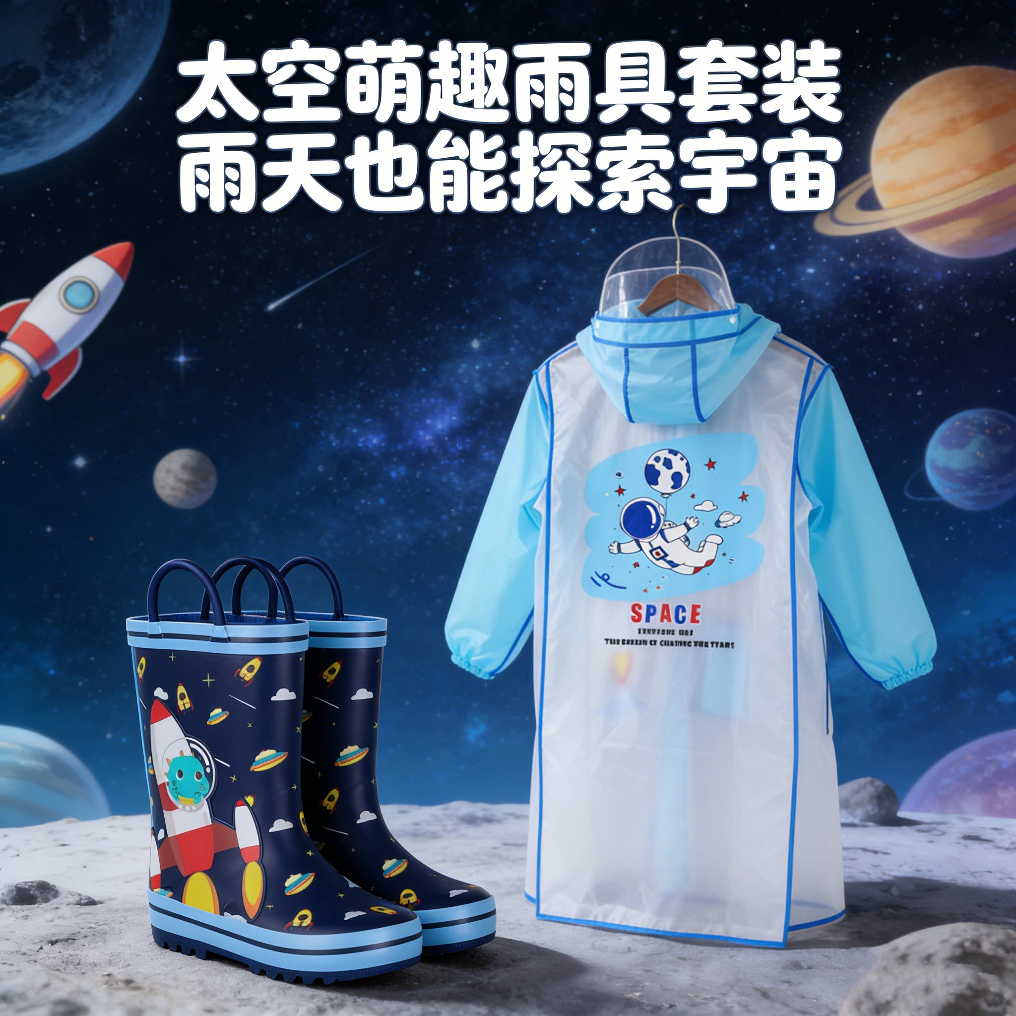 宇航员进口儿童雨鞋雨伞两件套雨靴水鞋火箭男童外贸水靴防滑套装