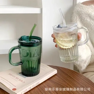 玻璃杯带盖子杯子女高级感大容量便携喝水杯杯子把手杯吸管高颜值