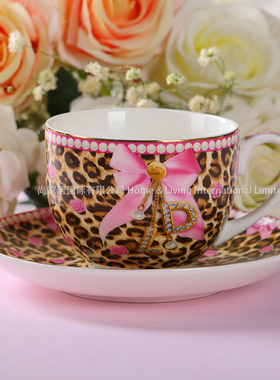 欧洲时尚Little Diva精美性感豹纹浪漫蝴蝶结茶杯碟咖啡杯碟陶瓷